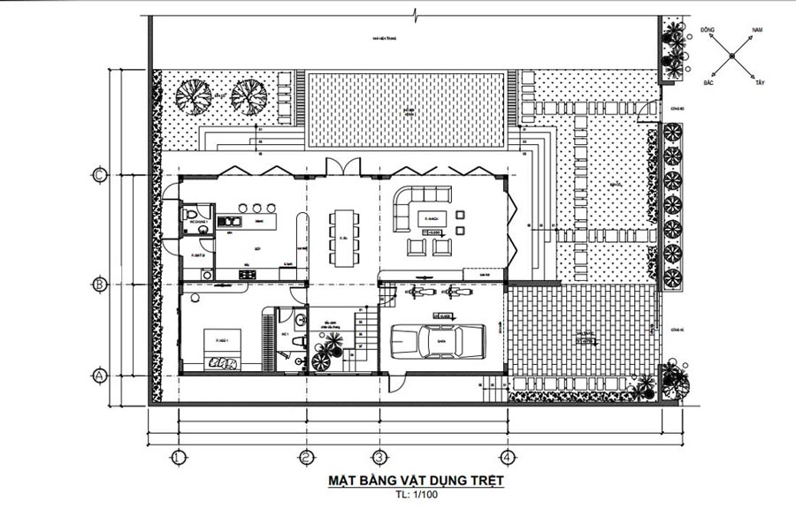 Bản vẽ mặt bằng tầng trệt biệt thự 3 tầng có hồ bơi