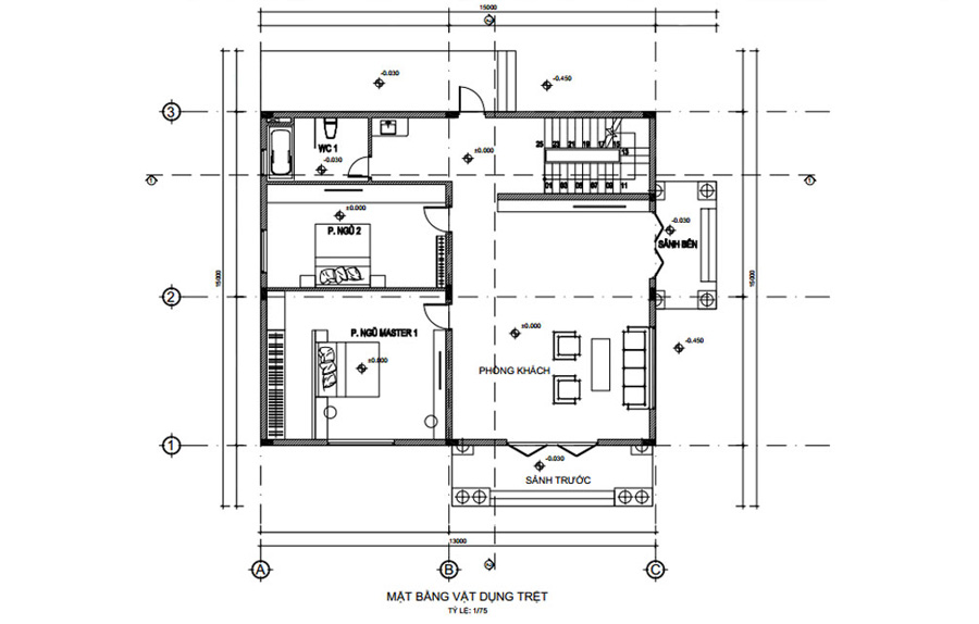 Mẫu bản vẽ mặt bằng tầng trệt biệt thự 3 tầng mái Nhật