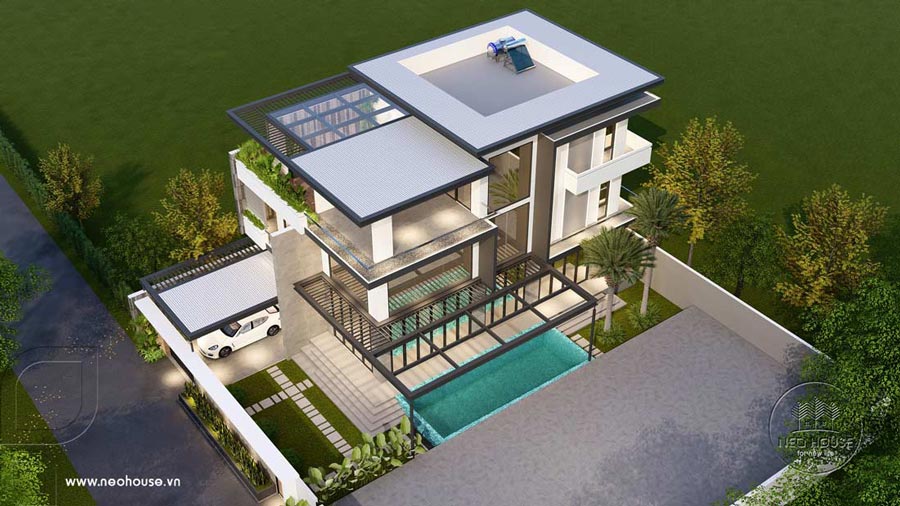 Bản vẽ phối cảnh 3D biệt thự 3 tầng có hồ bơi